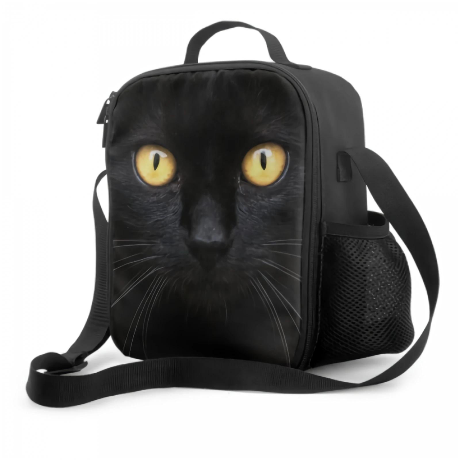 Black Cat Insulated Lunch Box Portable Lunch BagAdjustable Shoulder Strap Reusable Cooler Tote Bag for Picnic Office